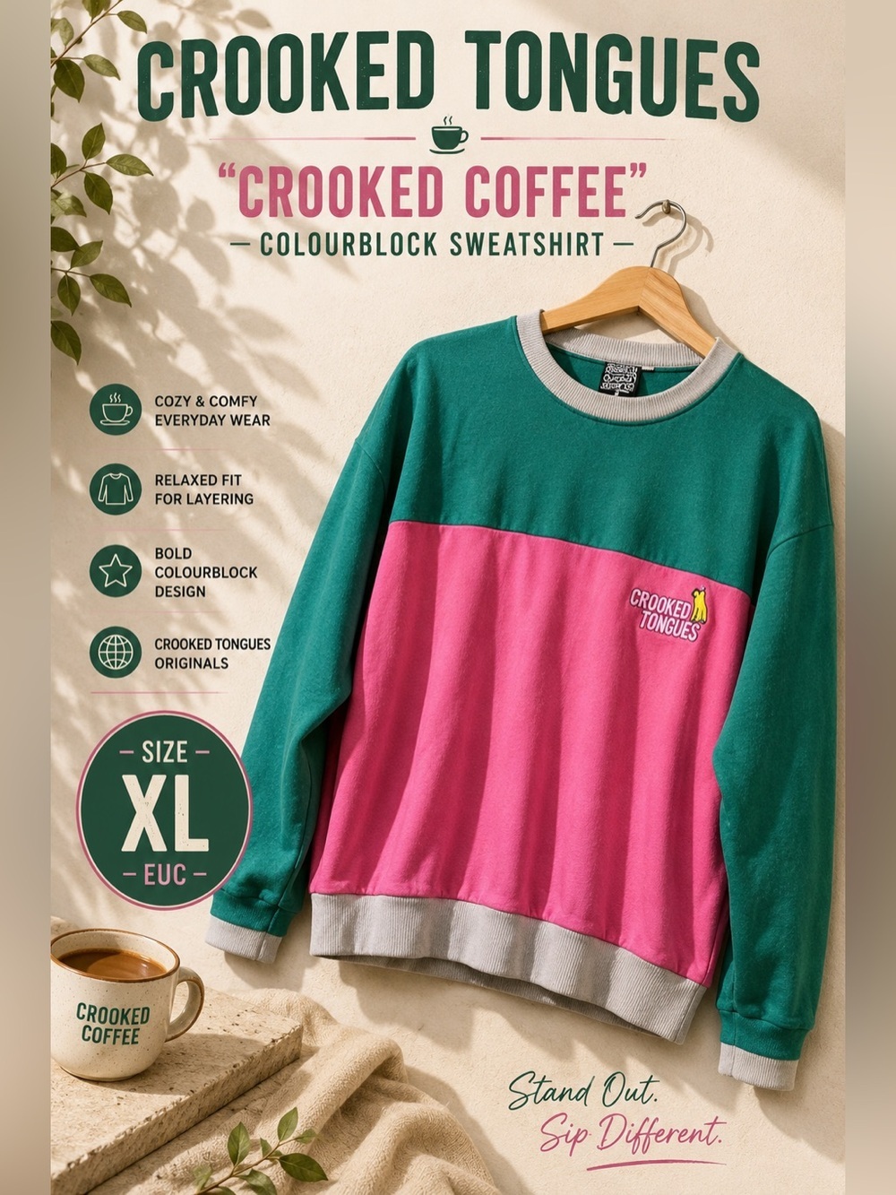 Crooked Tongues “Crooked Coffee” Colourblock Sweatshirt Size XL